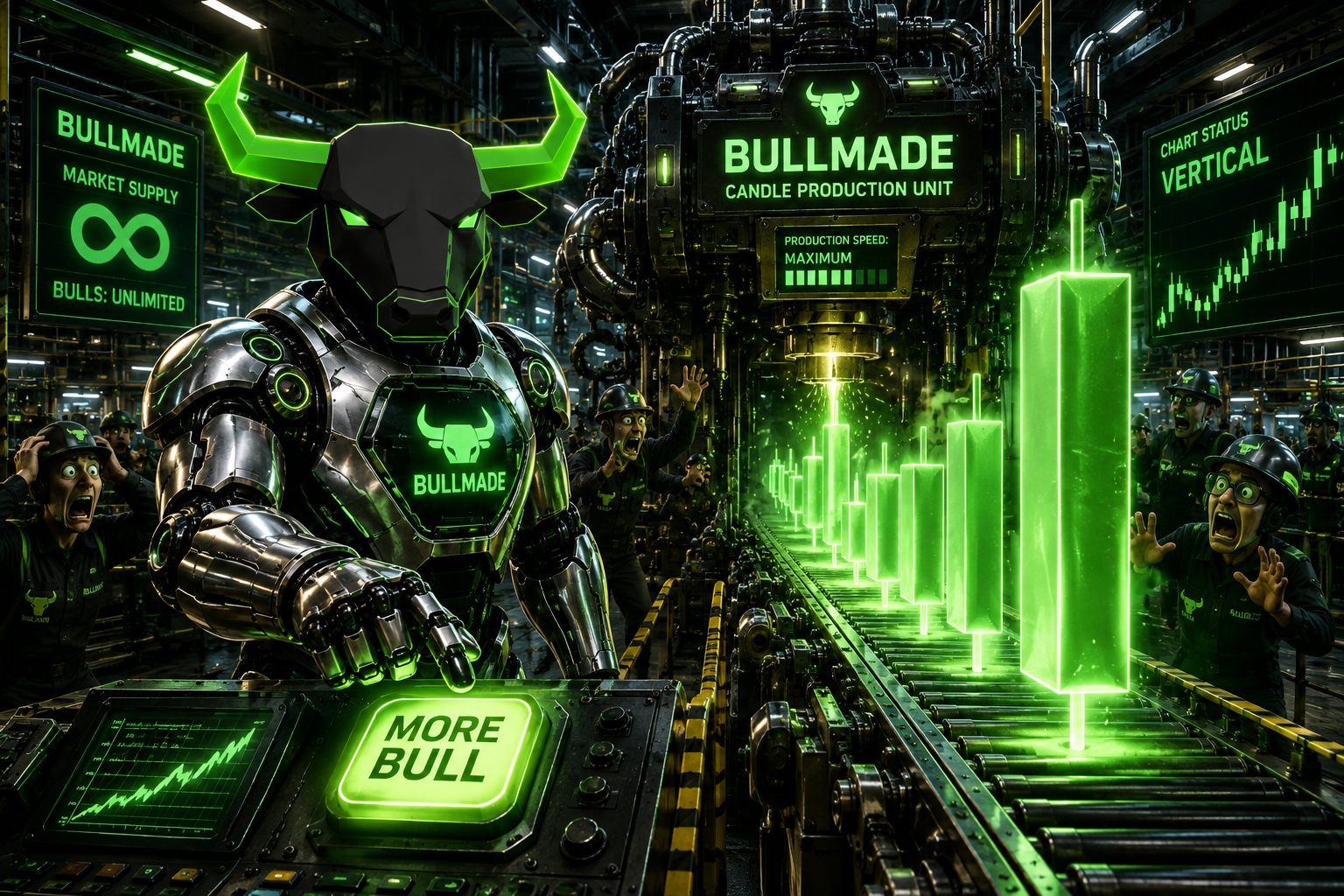 $BULLMADE bull pressing MORE BULL button at a green candle production line