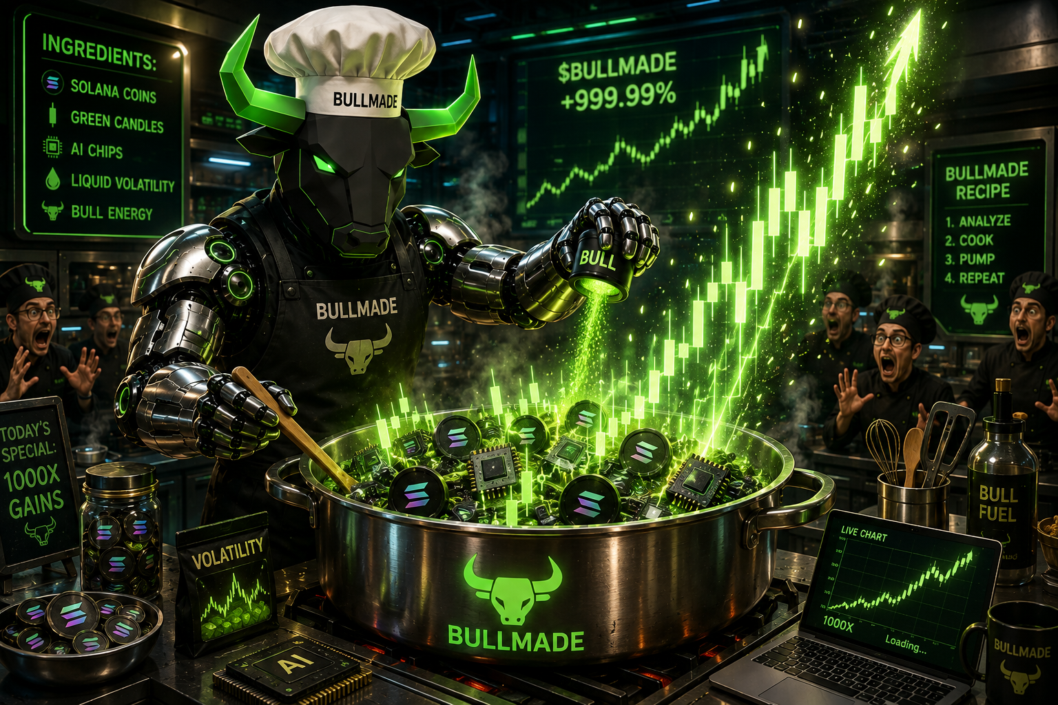 $BULLMADE bull chef cooking Solana coins and AI chips into green candles