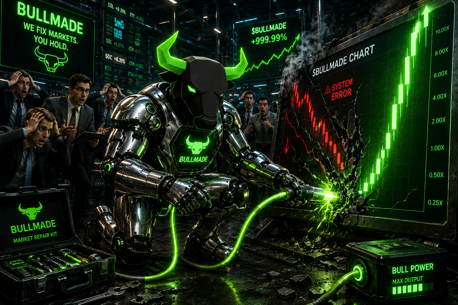 $BULLMADE robot bull repairing a crashing chart with a green laser